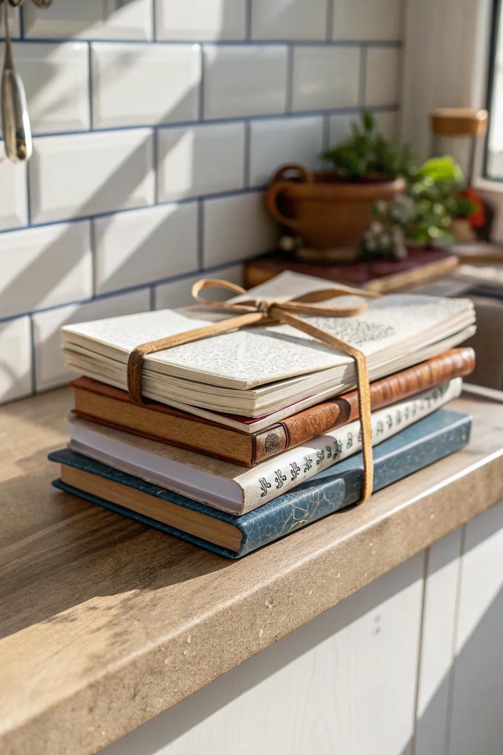 Stack cookbooks with purpose—adds height, color, and a go-to recipe right at hand.