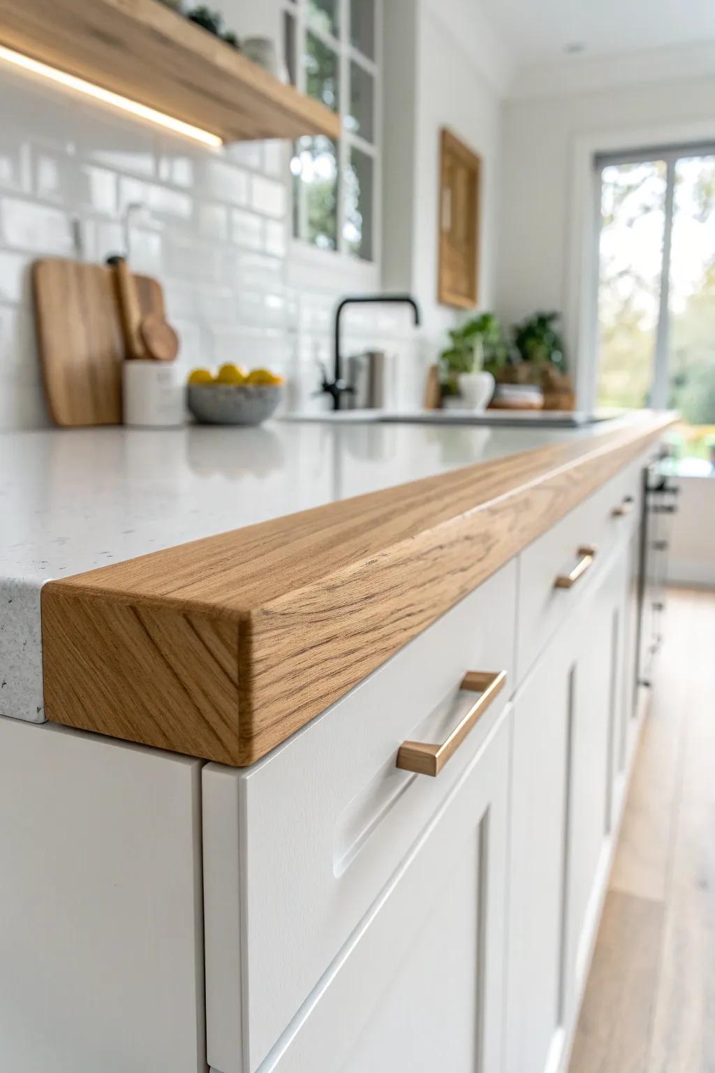 Slim butcher-block add-on strip: a dedicated chop zone with bold, intentional contrast.