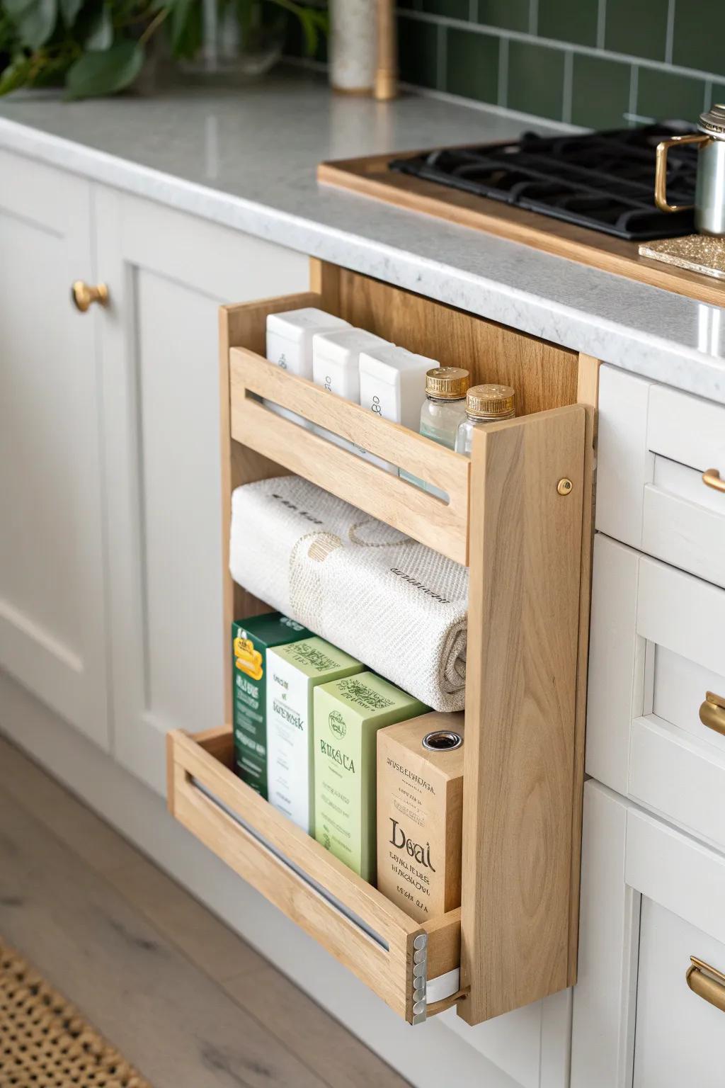 A slim gap shelf keeps foil, parchment, and wrap perfectly tidy—small-kitchen luxury.