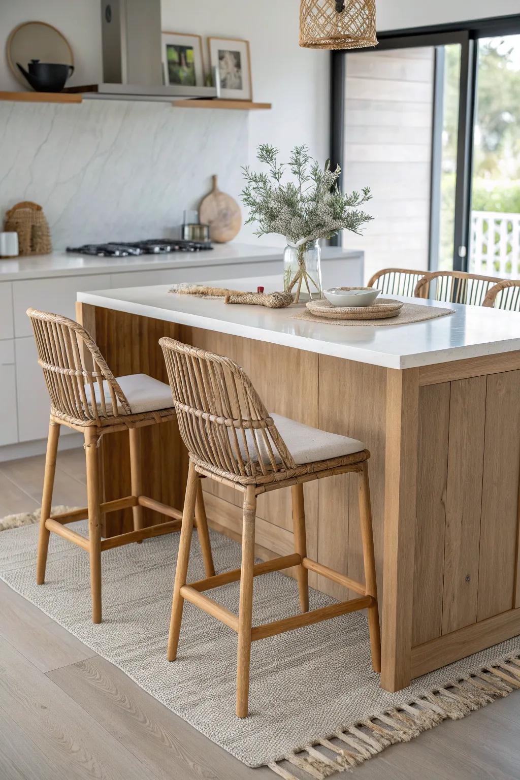 L-shaped peninsula dining combo: prep space meets a chic two-seat table in one.