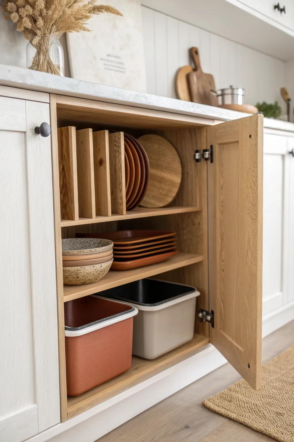 A slot niche keeps boards and sheet pans upright—grab one fast, no more cabinet avalanches.