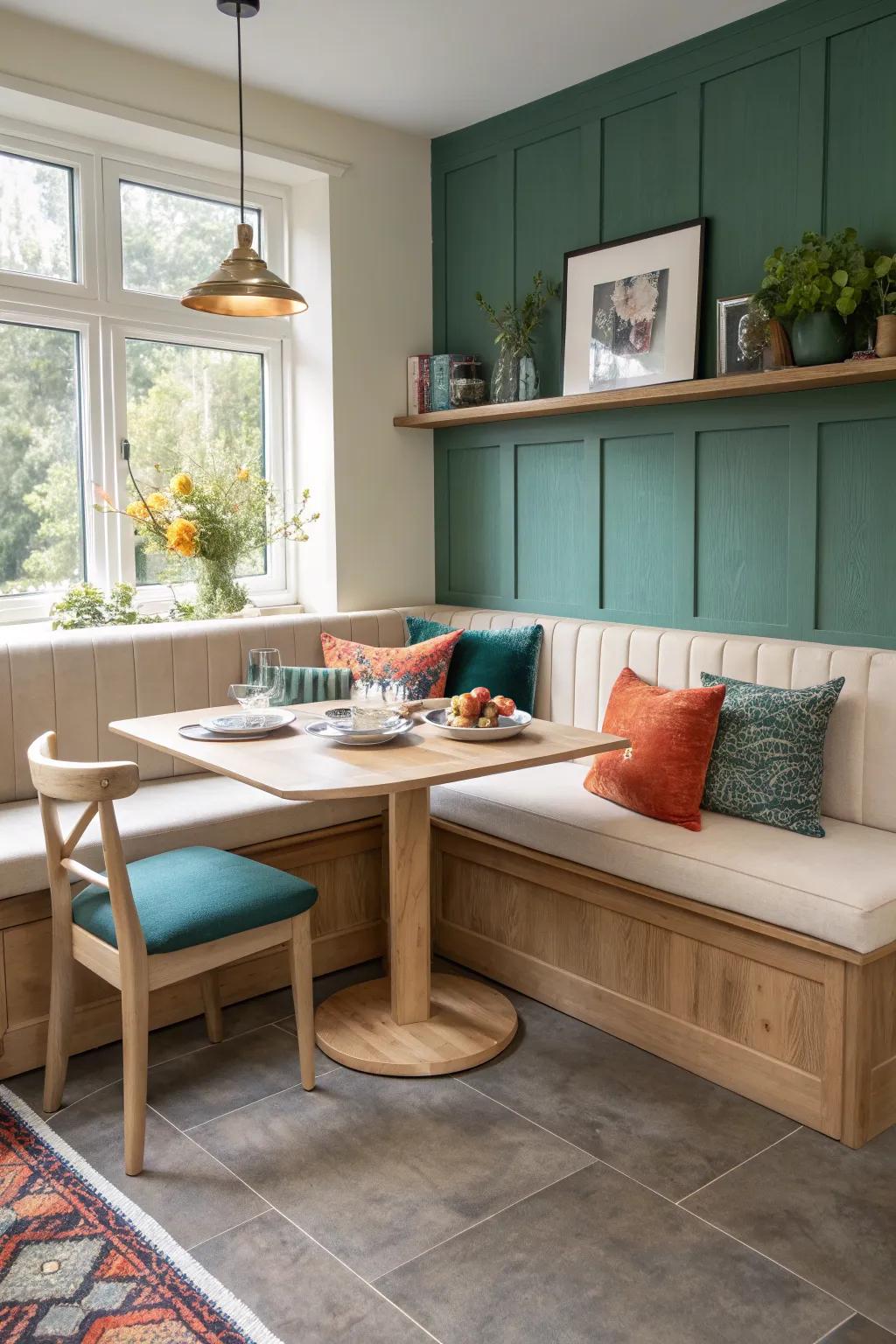 U-shaped banquette wraps the corner—cozy, space-smart seating with bold boho accents.
