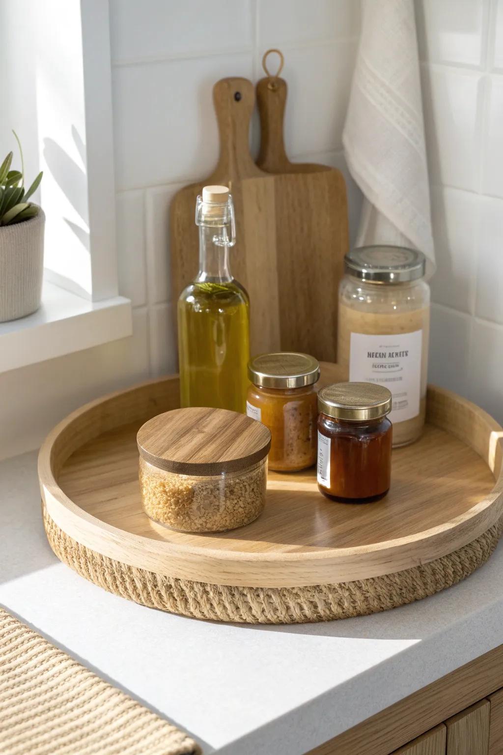 A lazy susan in the pantry corner keeps oils and sauces visible, tidy, and easy to grab.