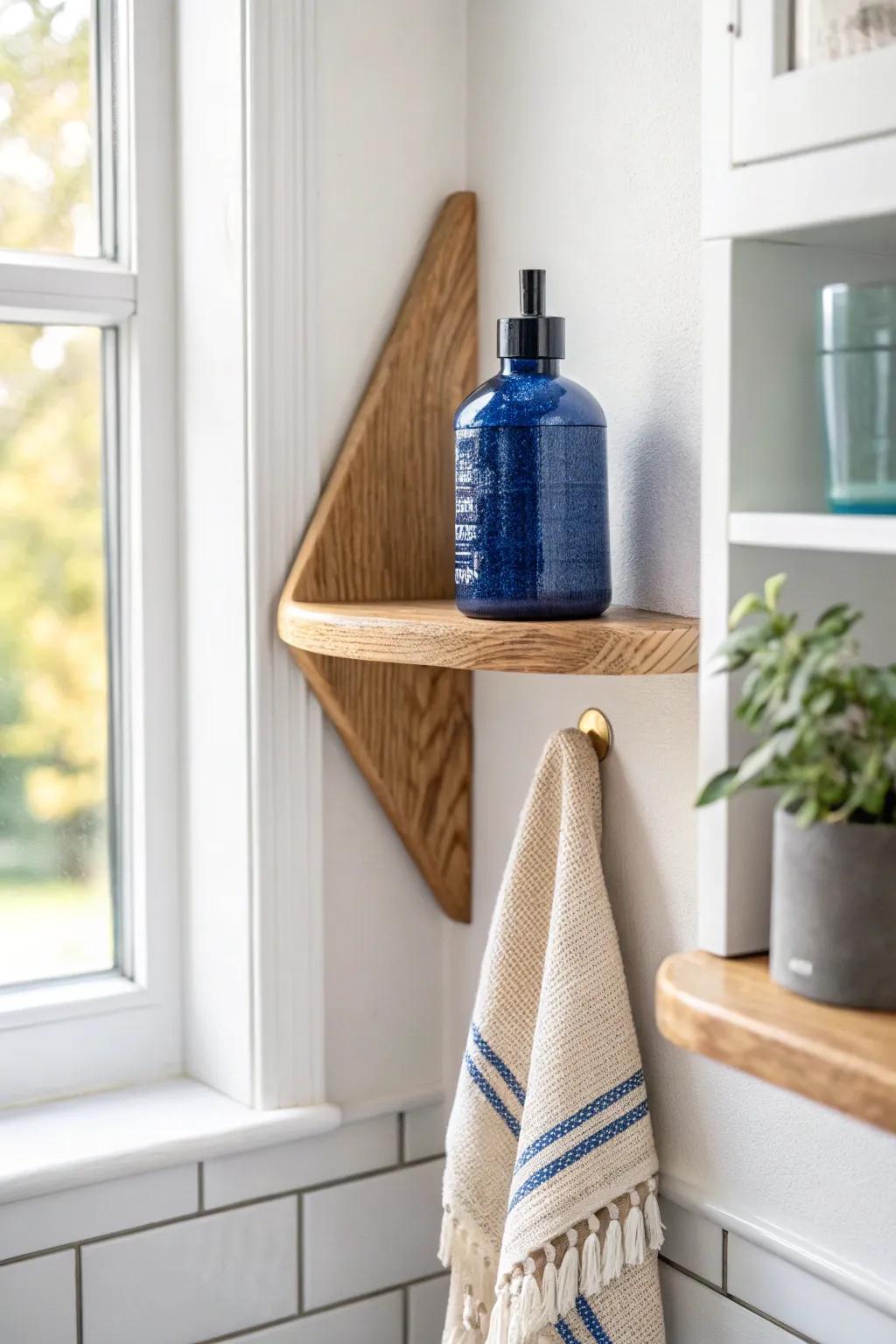 Turn that “dead” corner into a chic storage spot with a floating shelf and bold ceramic.
