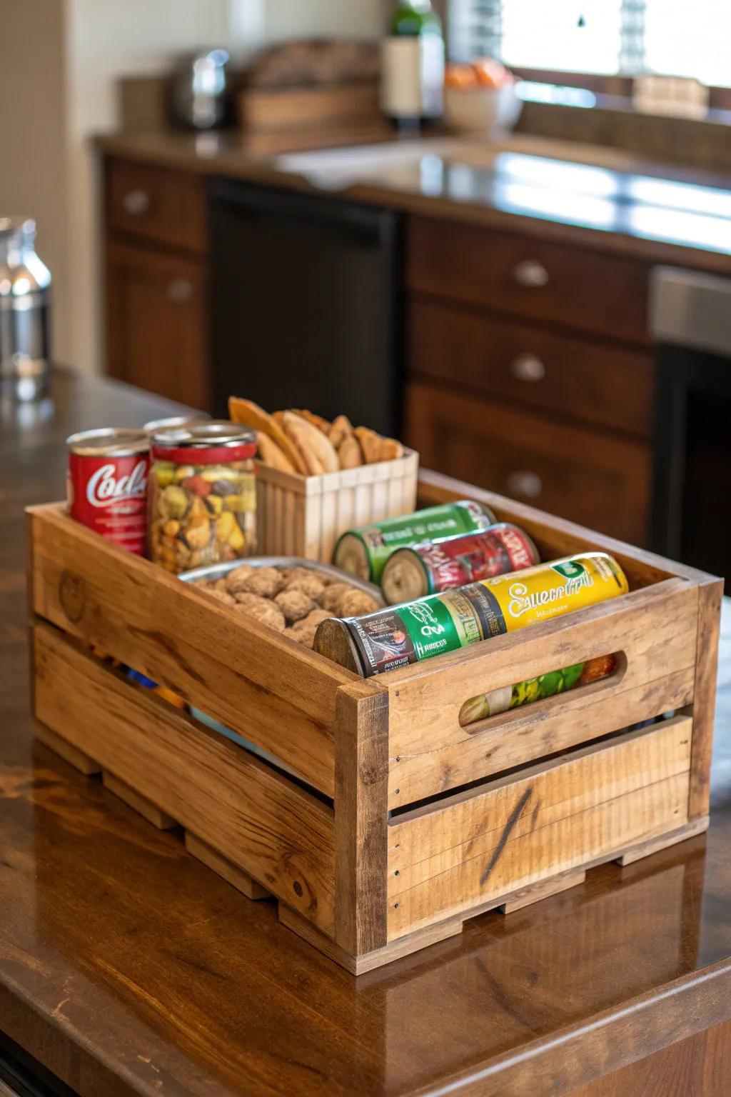 Elevate your pantry organization with this beautifully crafted wooden crate, the perfect blend of style and functionality.