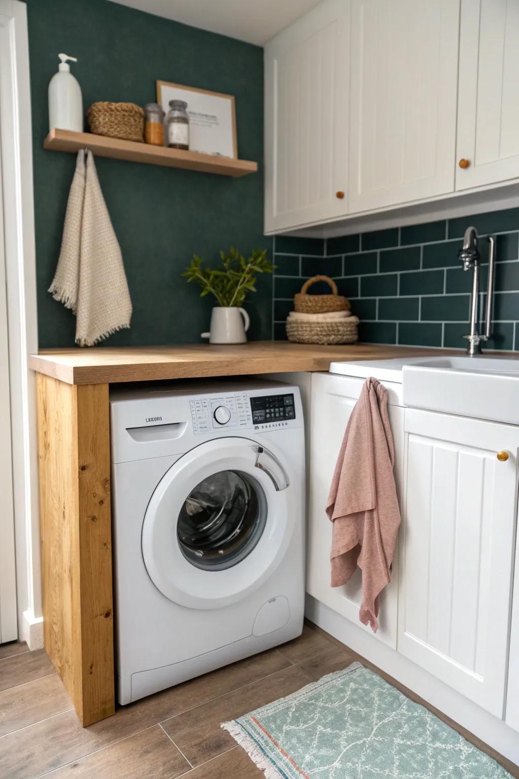 Transform the dead corner of an L-shaped kitchen into a sleek laundry nook with a folding counter.