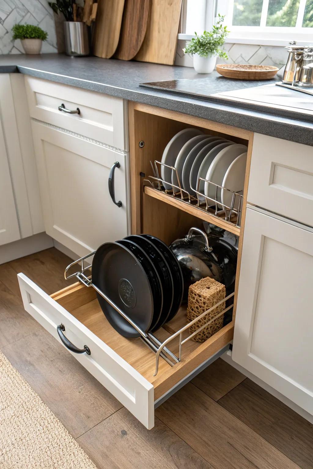 A sleek slide-out pot & lid organizer keeps bulky cookware stable, tidy, and easy to grab.