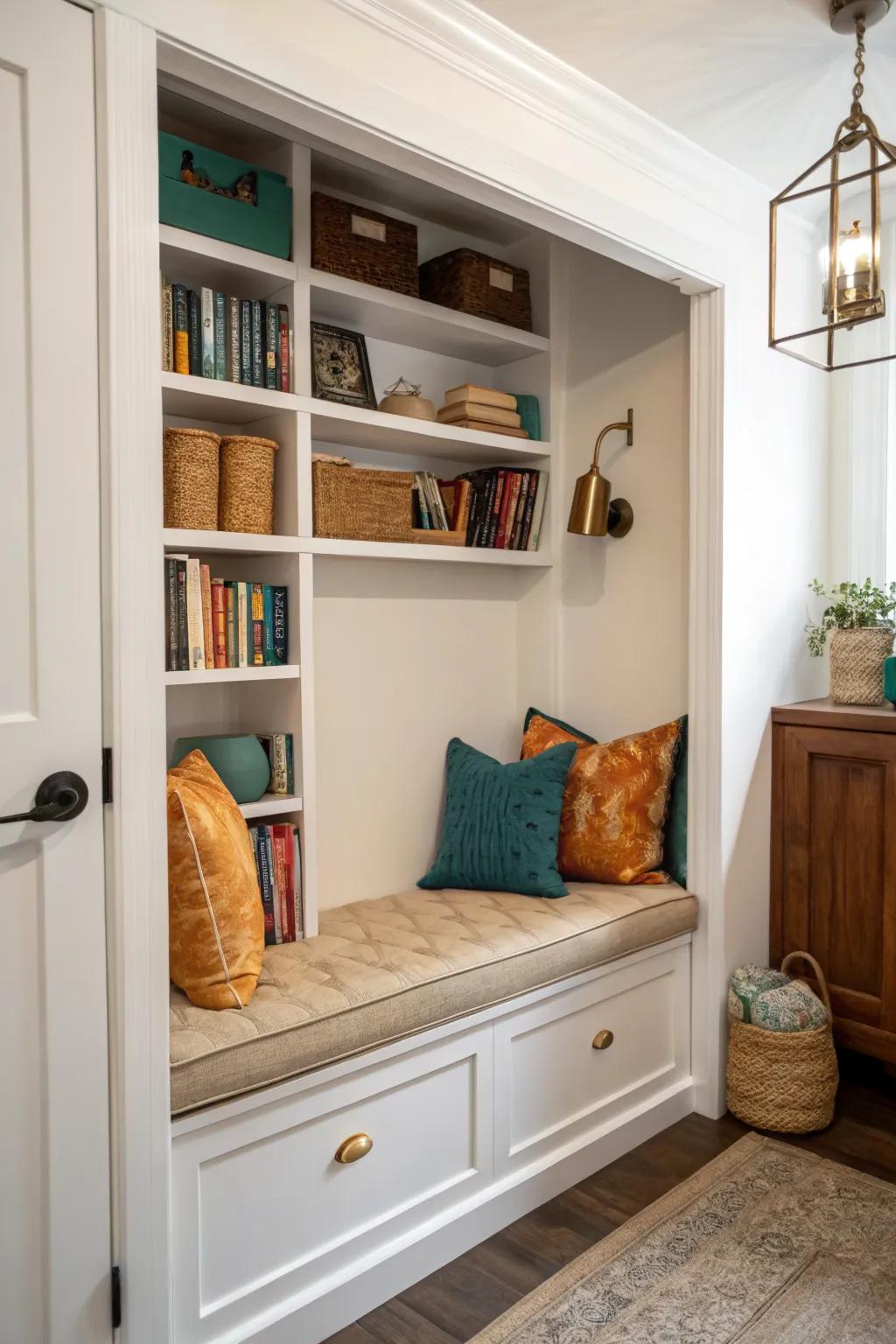 A shallow closet becomes a calm, built-in library nook with warm light and crafted wood.
