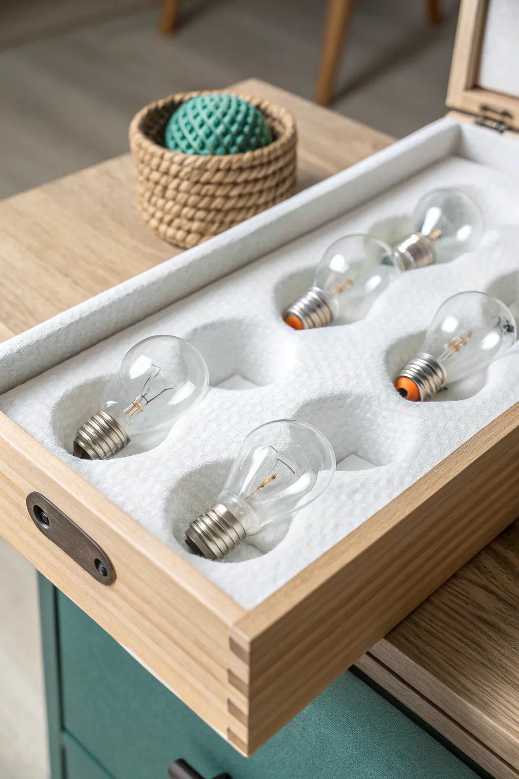 Foam-cut tray turns one shallow drawer into a snug, wobble-free light bulb nest.