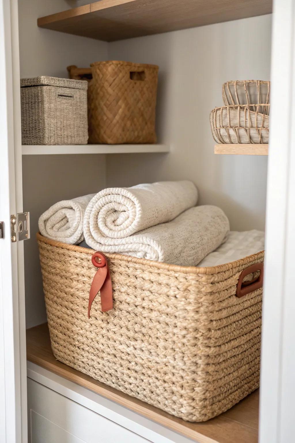 Top shelf hack: corral bulky pillows & seasonal blankets in one chic lidded bin.