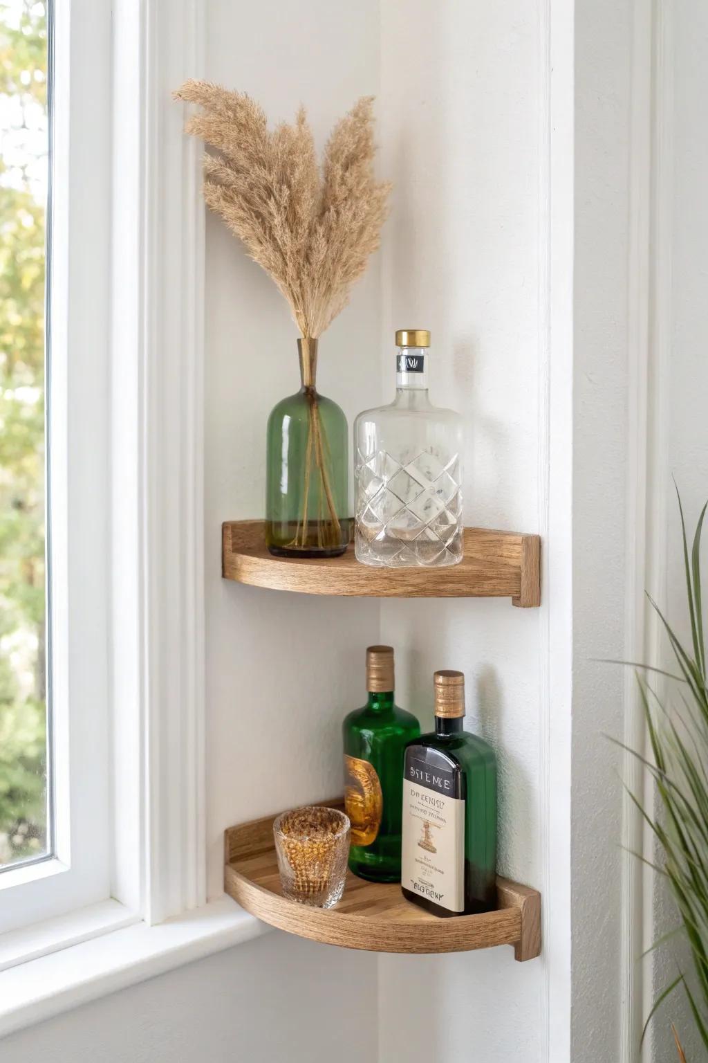 Turn a dead corner into a chic mini bar—floating shelf storage without stealing floor space.