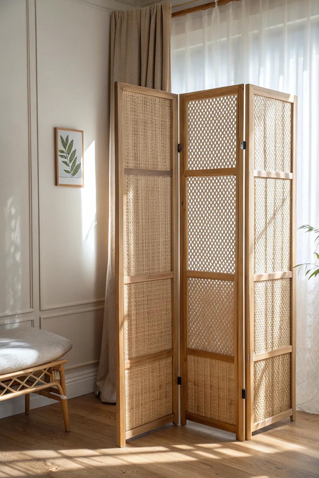 A chic folding screen that instantly separates dining clutter from your cozy lounge zone.