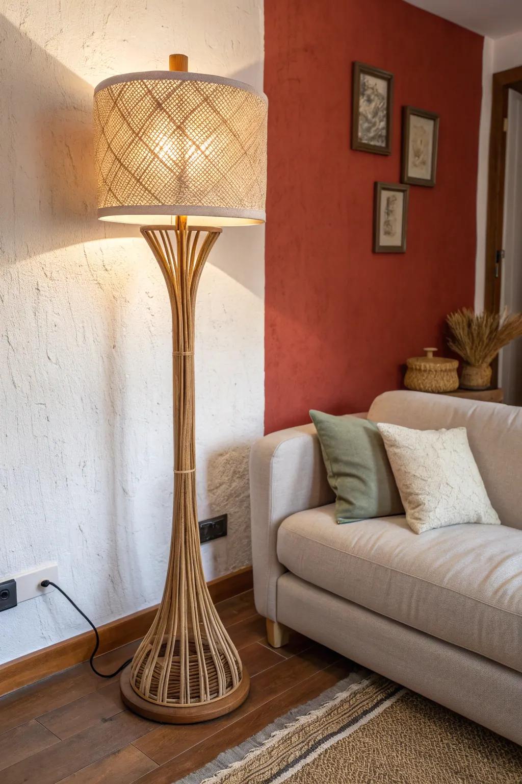 Layer warm ambient light with a statement lamp to make a small condo living room feel luxe.