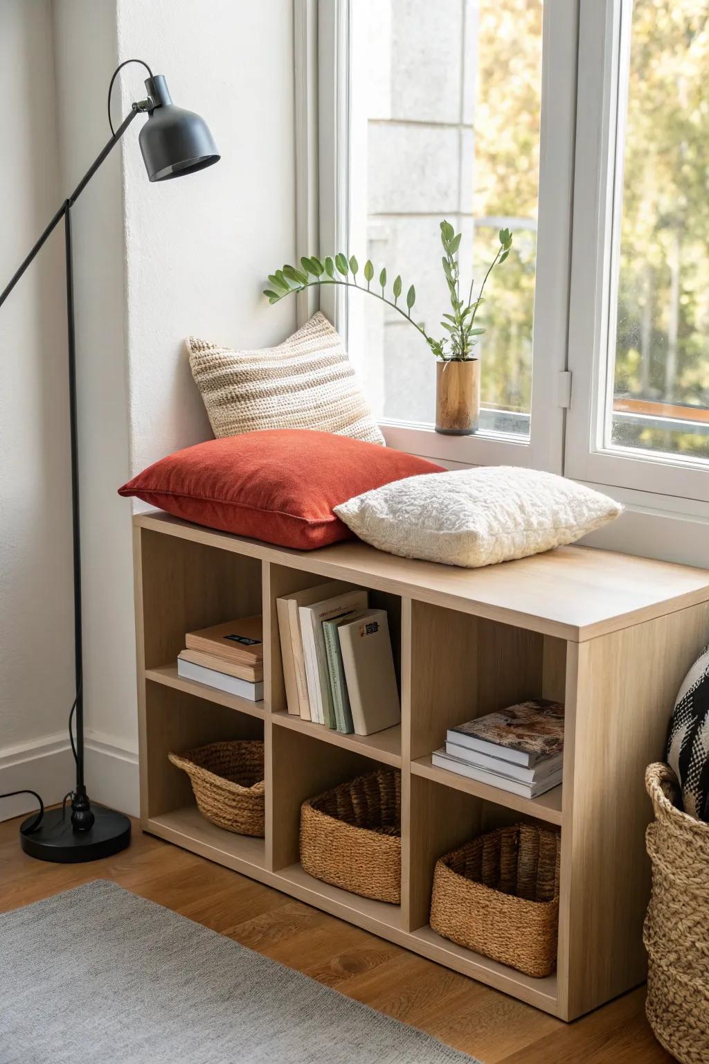 A cube unit under the window turns into a calm reading nook base—cozy, tidy, and chic.