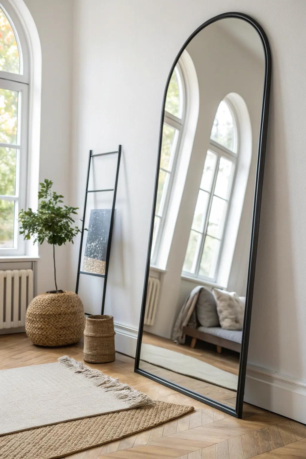 A big mirror boosts light, makes the room feel larger, and helps perfect your workout form.