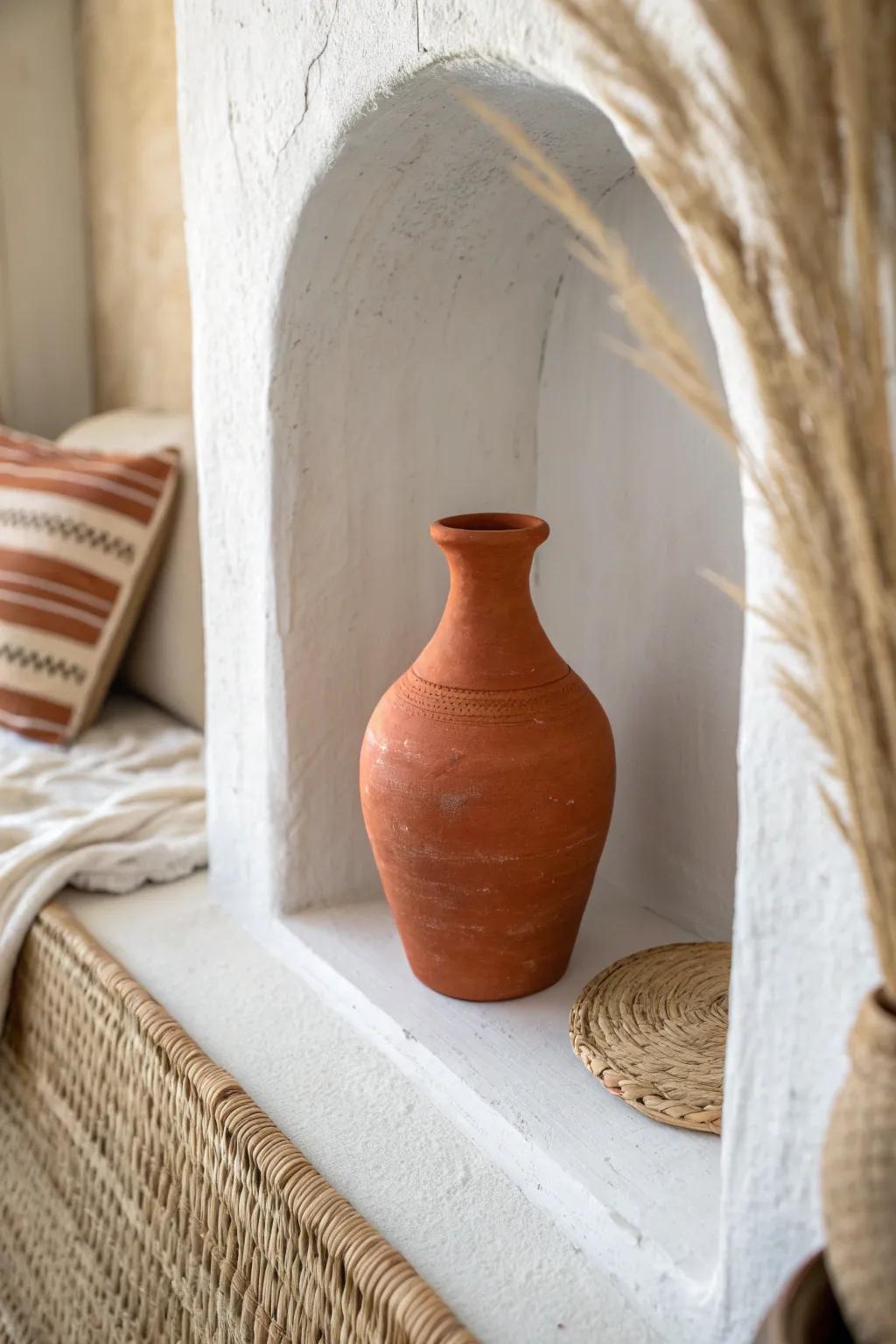 One matte terracotta vase in a limewashed niche—Scandi calm with boho texture and contrast.