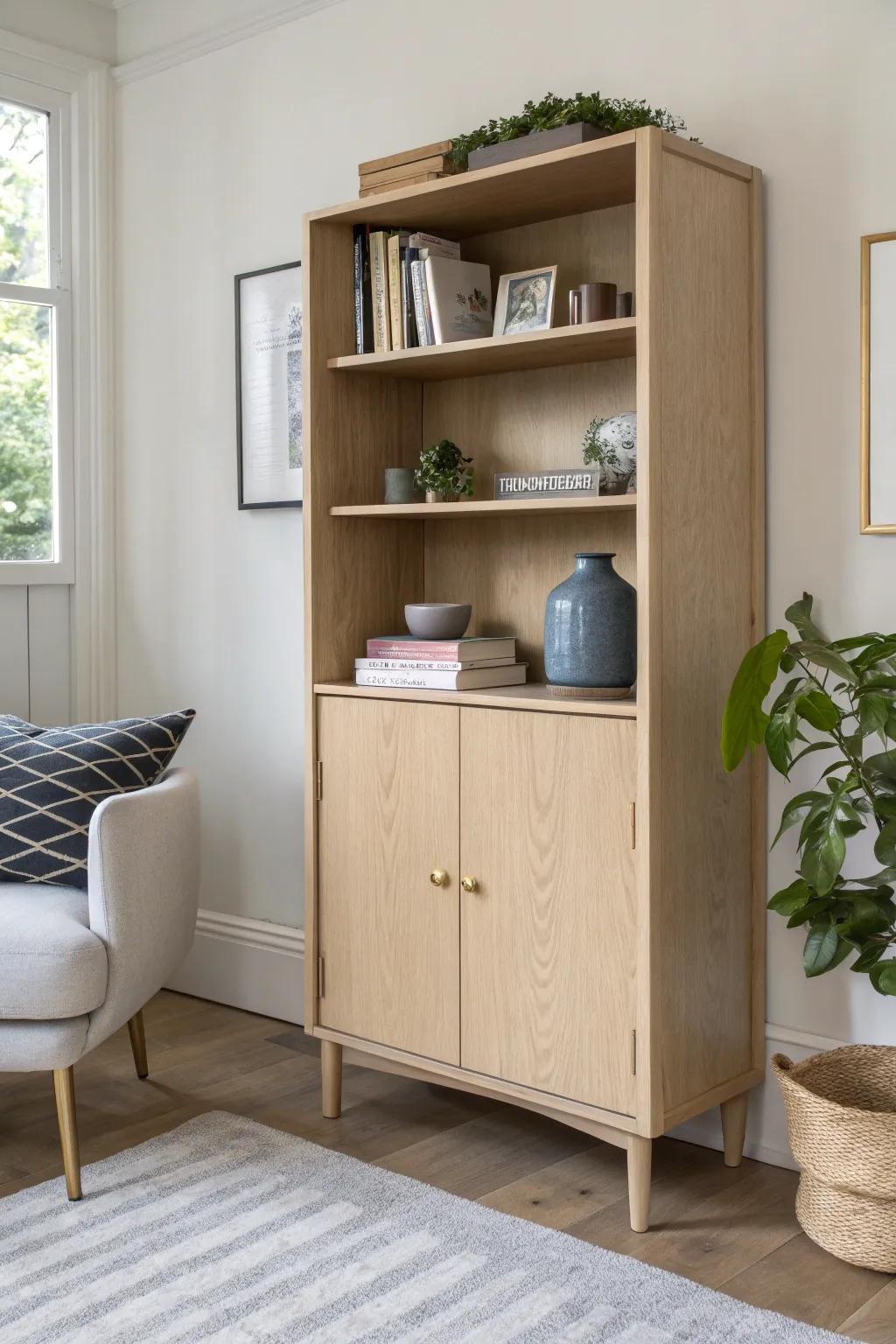 Pretty up top, tucked away below—open shelves + closed storage for a calm living room.