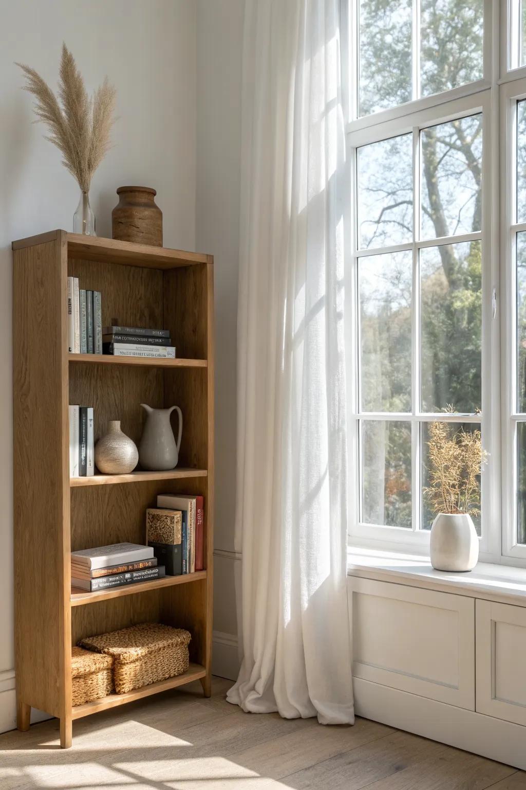 Frame your window with shallow shelves for a built-in look that keeps the light flowing.