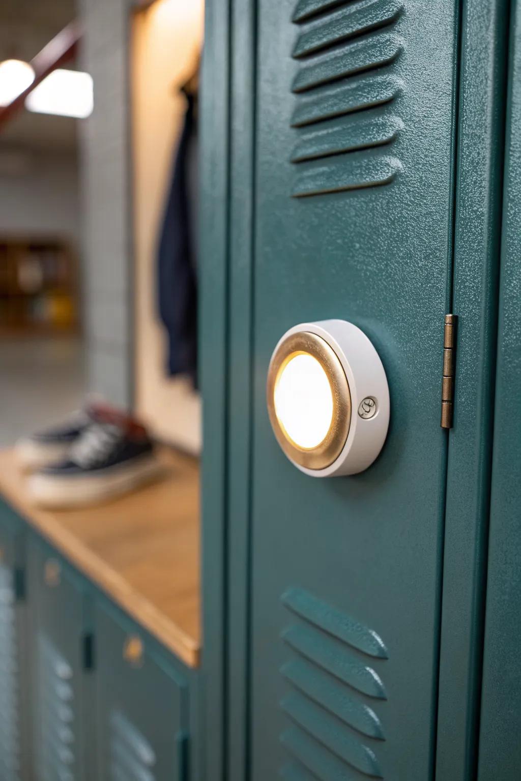 A warm battery puck light turns a dark locker into a tidy, easy-to-use storage nook.