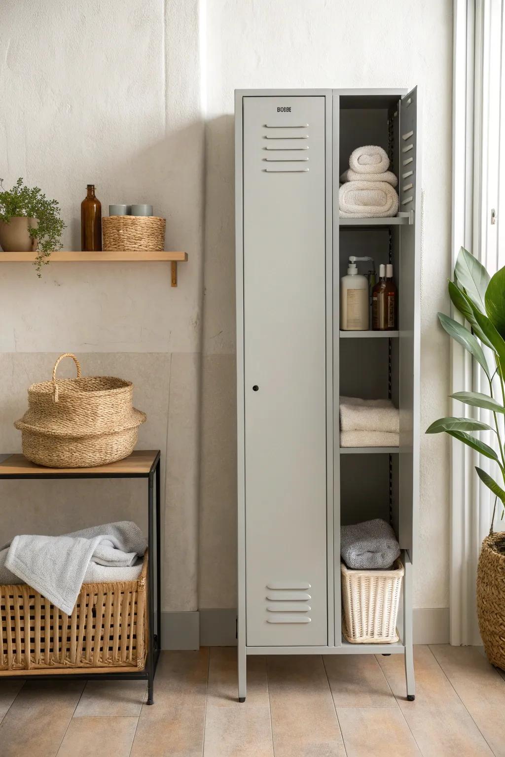 Slim bathroom locker with baskets keeps towels, tissue, and refills tidy in small spaces.