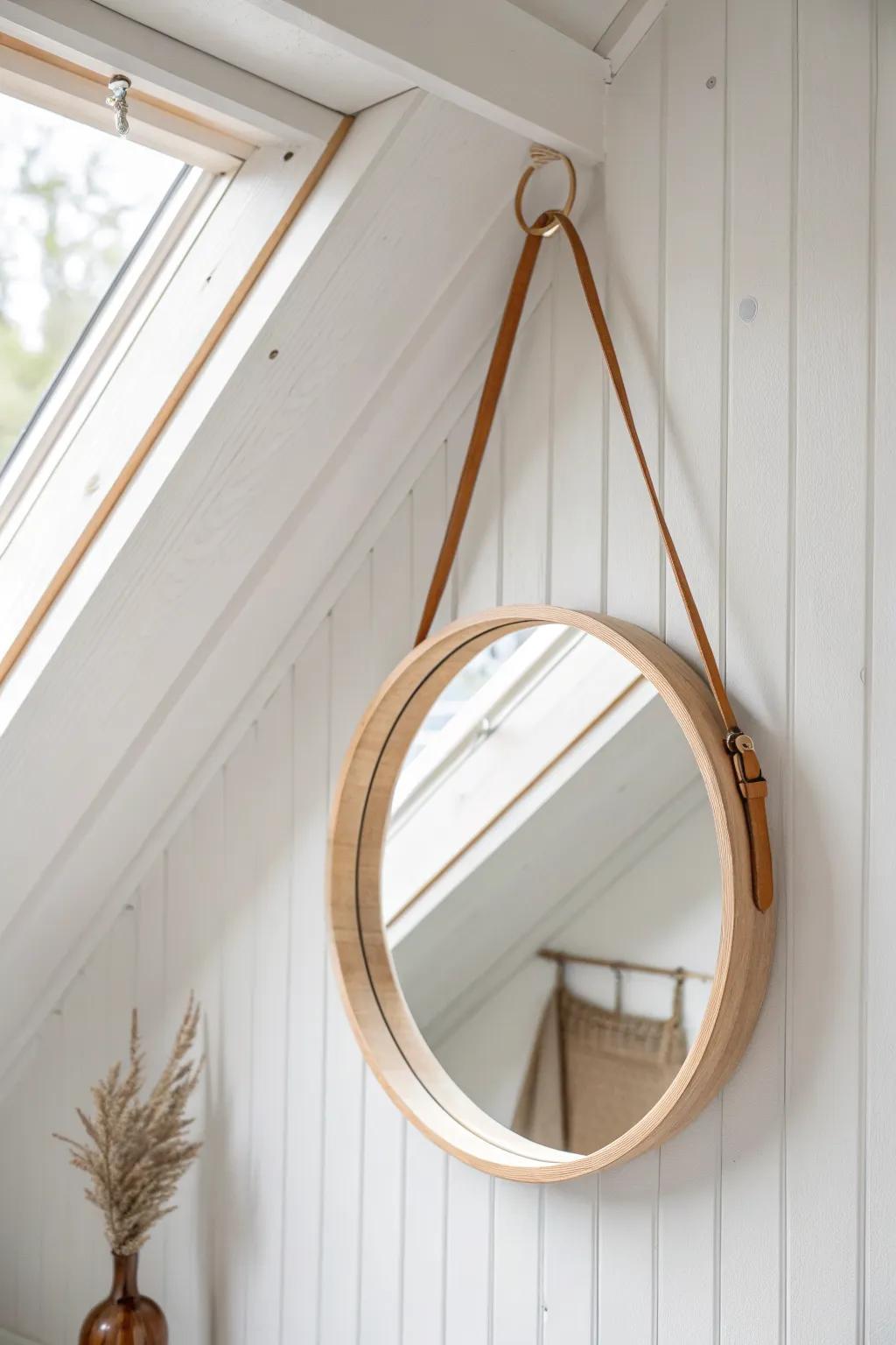 Bright white + pale wood instantly lifts a tight loft bathroom and makes the ceiling feel higher.