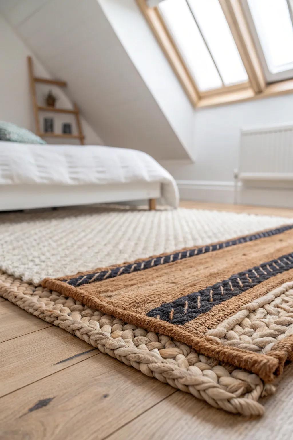 Layered rugs add instant warmth and hush to a loft bedroom—soft, cozy, and beautifully crafted.