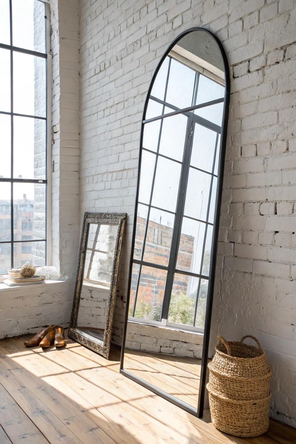 One oversized mirror, angled to the window, doubles loft light and makes small spaces feel grand.