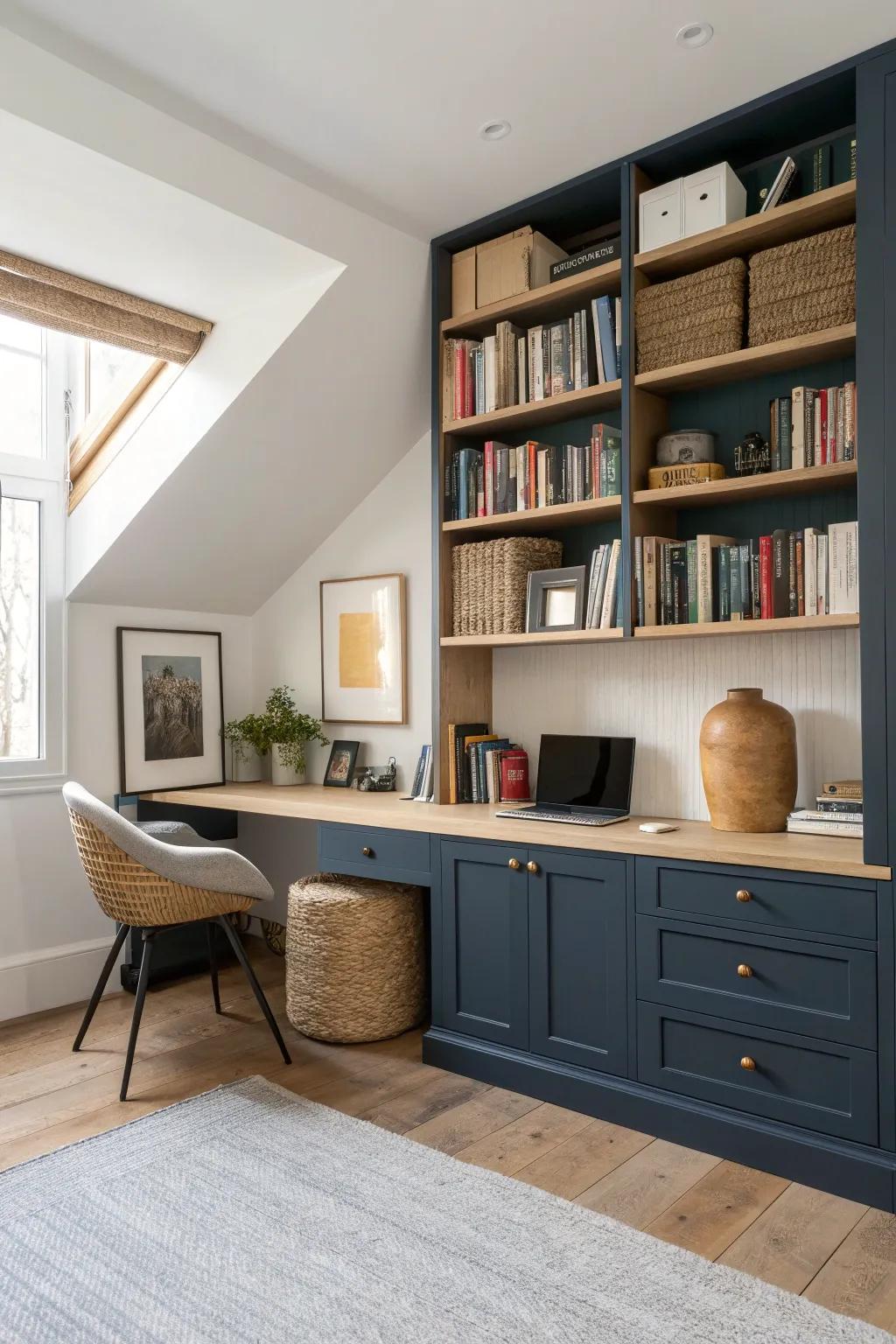 A built-in loft library desk nook that turns one wall into a chic work-and-read zone.