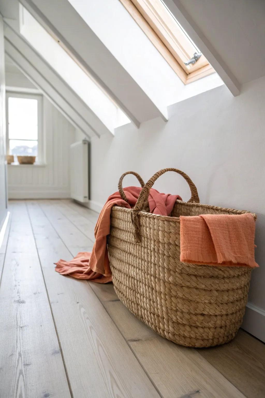 Tuck storage under the eaves—one woven basket, and the loft’s center path stays clear.