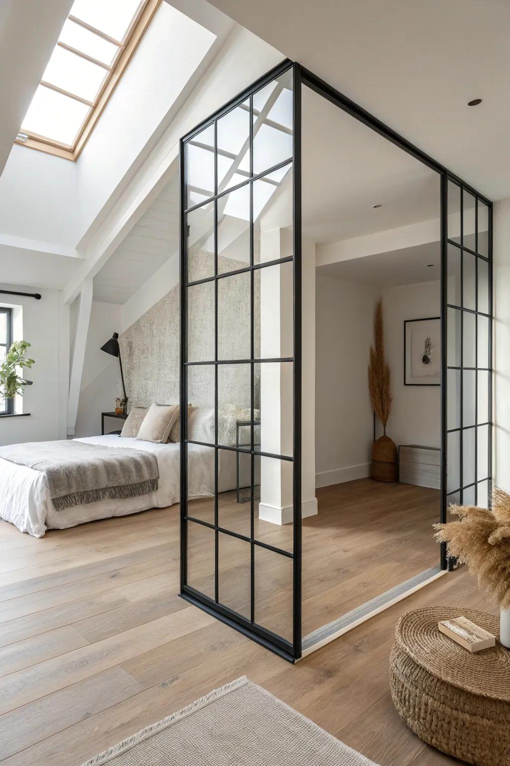 A black grid glass partition wall: loft separation with maximum light and sleek architecture.