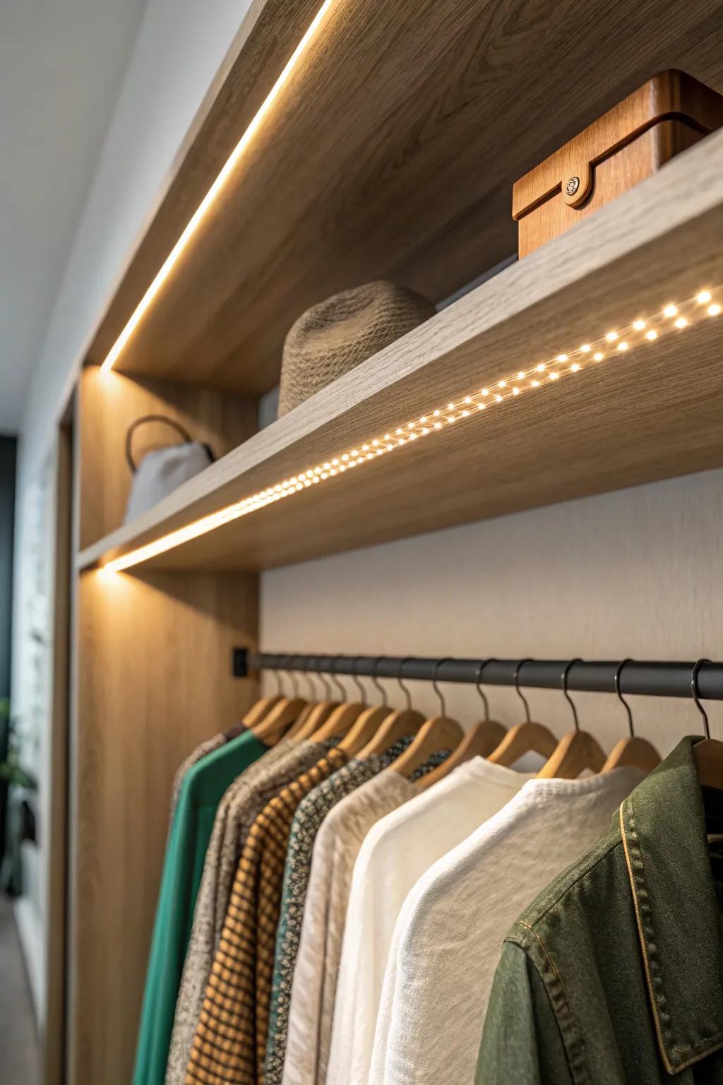 Under-shelf LED strips turn a long, dark closet into a softly glowing, luxe runway.