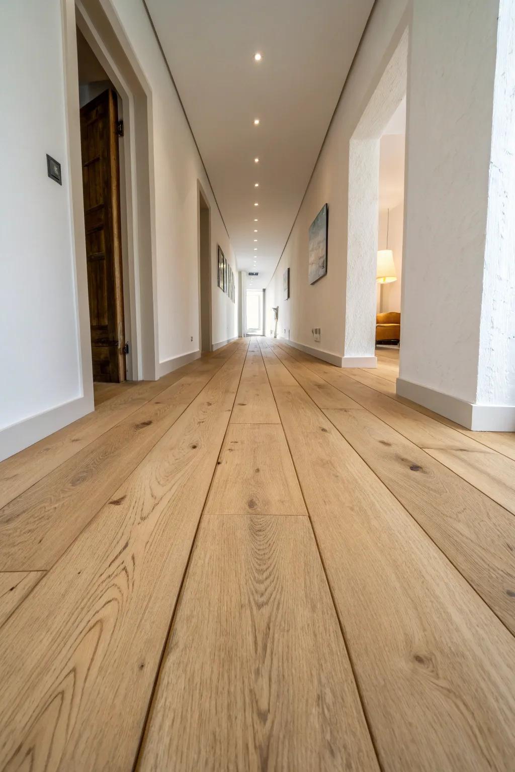 One continuous floor lets the eye glide—making a long, narrow basement feel spacious and calm.