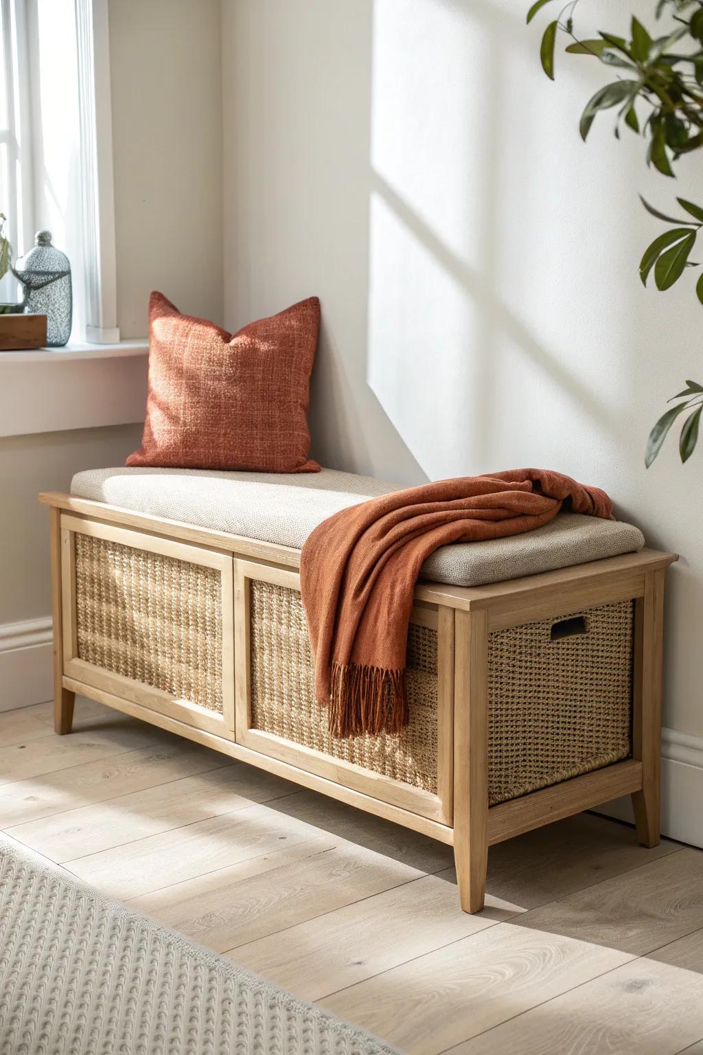 A slim storage bench adds function at the foot of the bed without crowding the walkway.