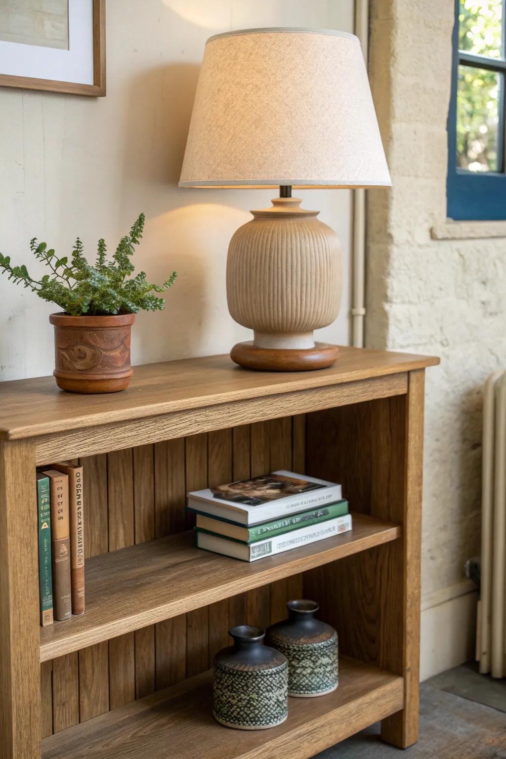 Style your low bookshelf like a mantel: one lamp, one plant, and a book stack.