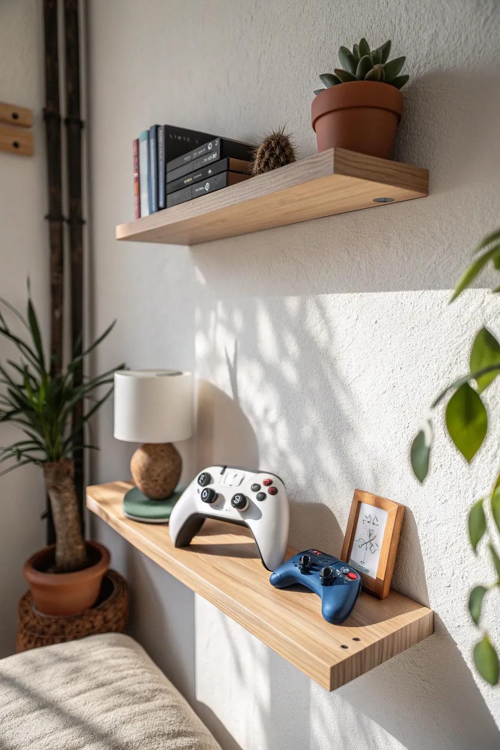 Floating shelves add style and storage—perfect for a small man cave on a budget.