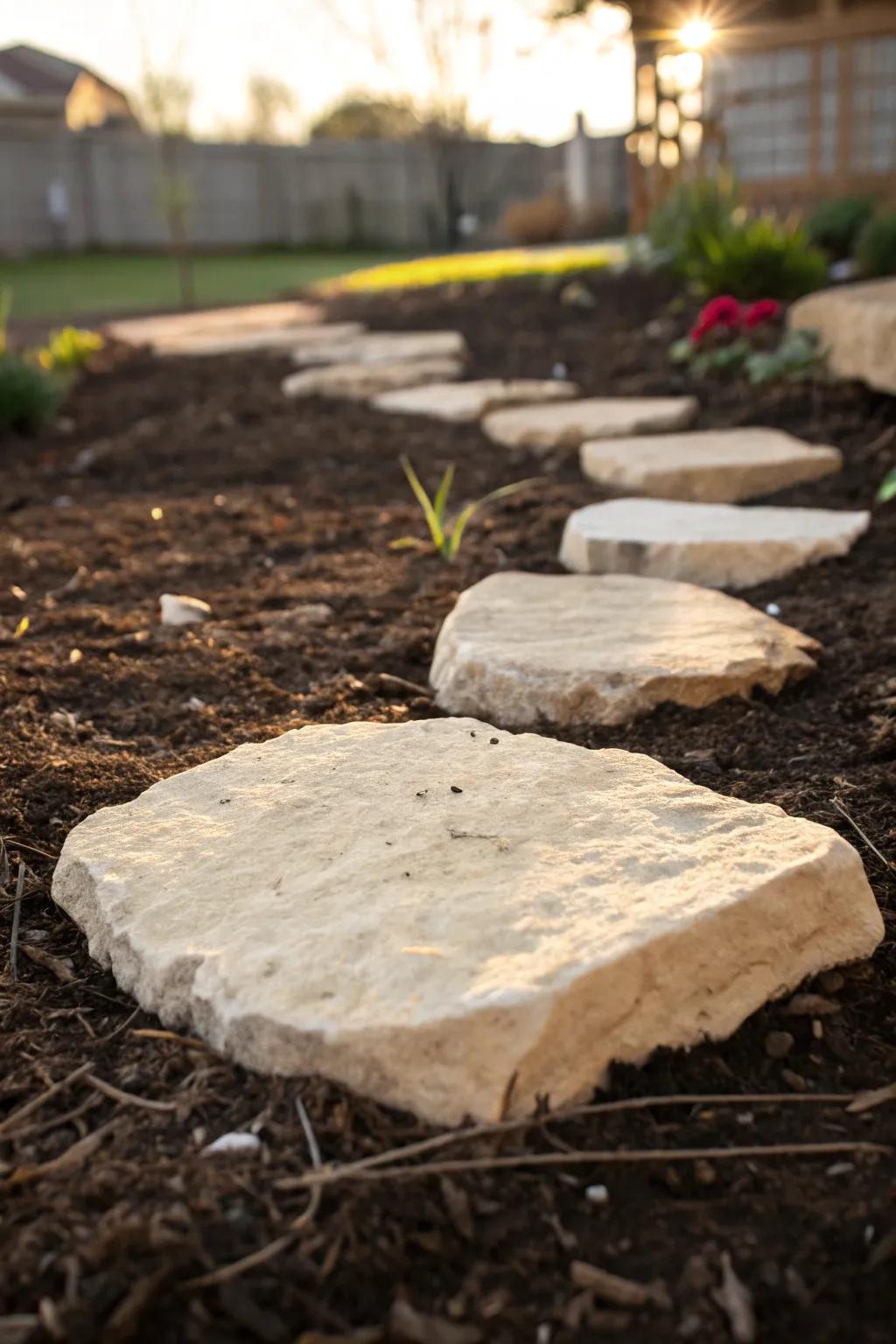 A lawn-free backyard path: one pale stepping stone on rich mulch—soft, simple, low upkeep.