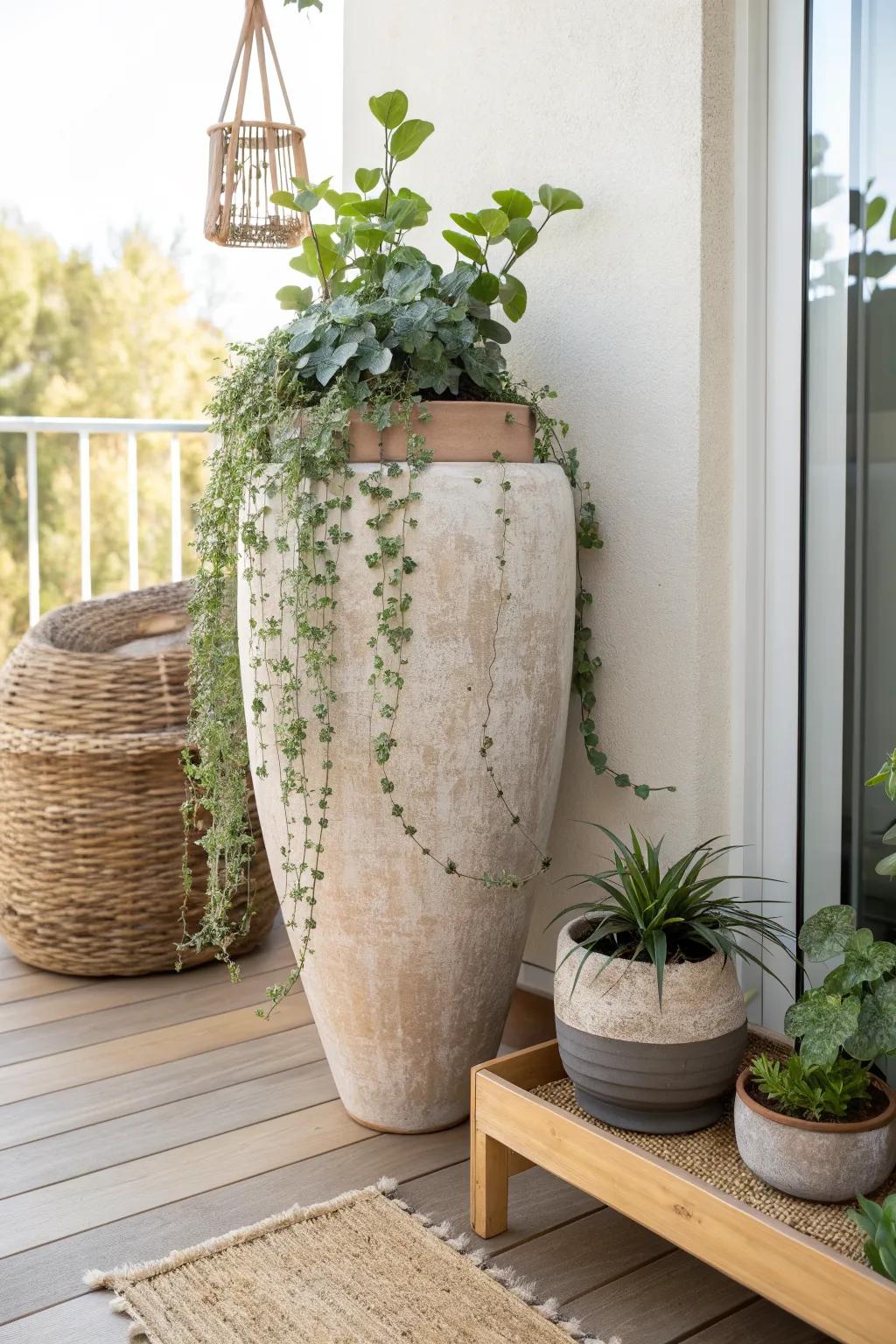 One oversized planter = big impact, fewer watering rounds—perfect for a tiny low-maintenance garden.