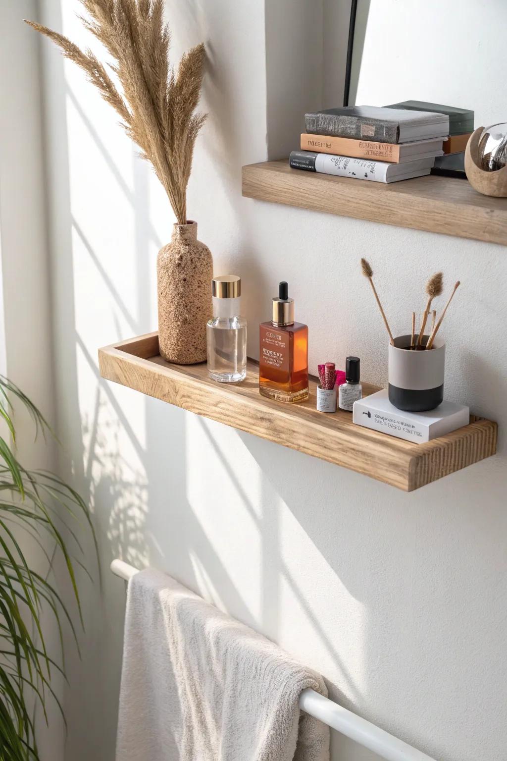 Shallow wall shelves keep makeup off the counter—pretty perfumes become decor too.