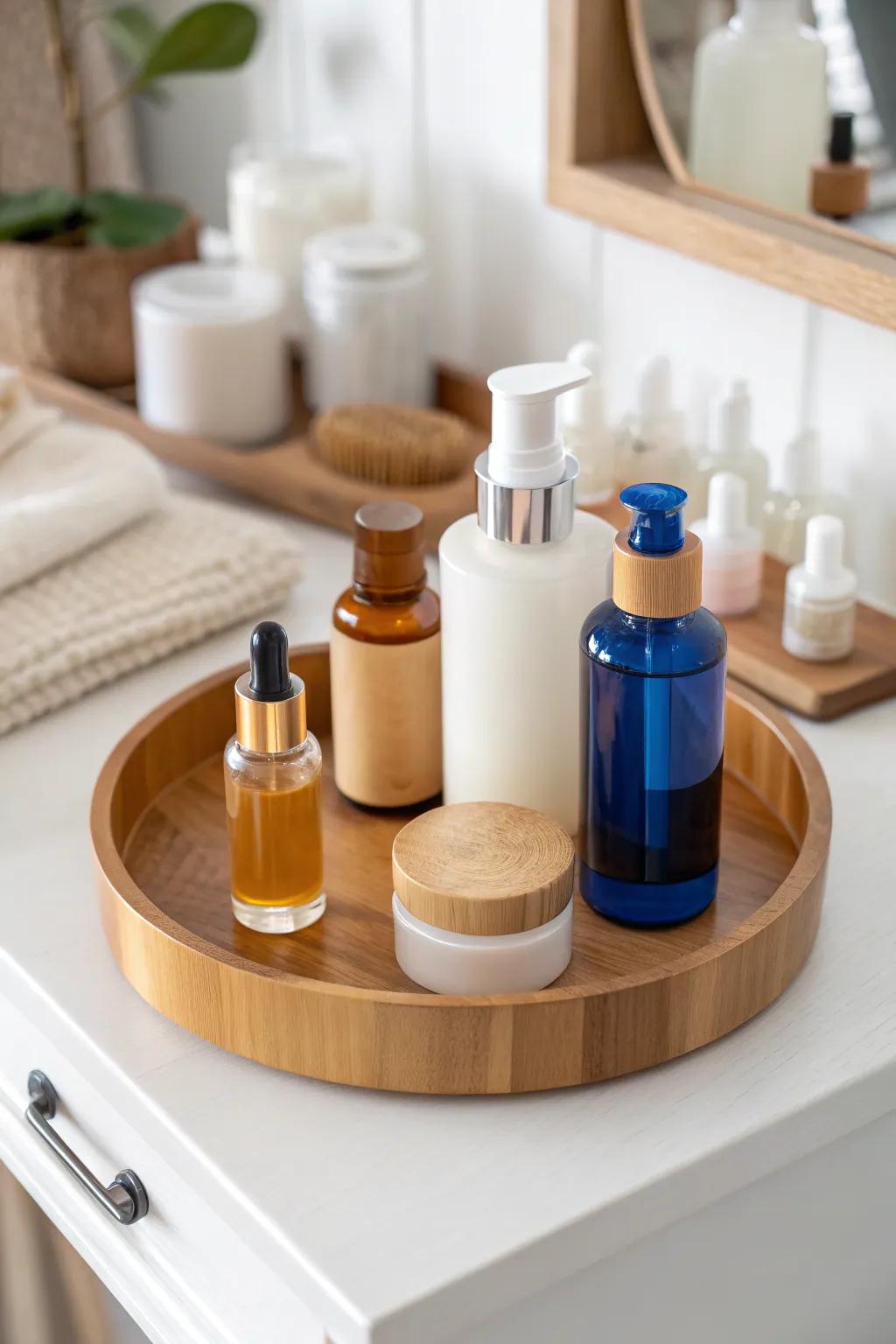 Corral skincare bottles on a chic lazy Susan—fast access, less clutter, more calm vanity space.