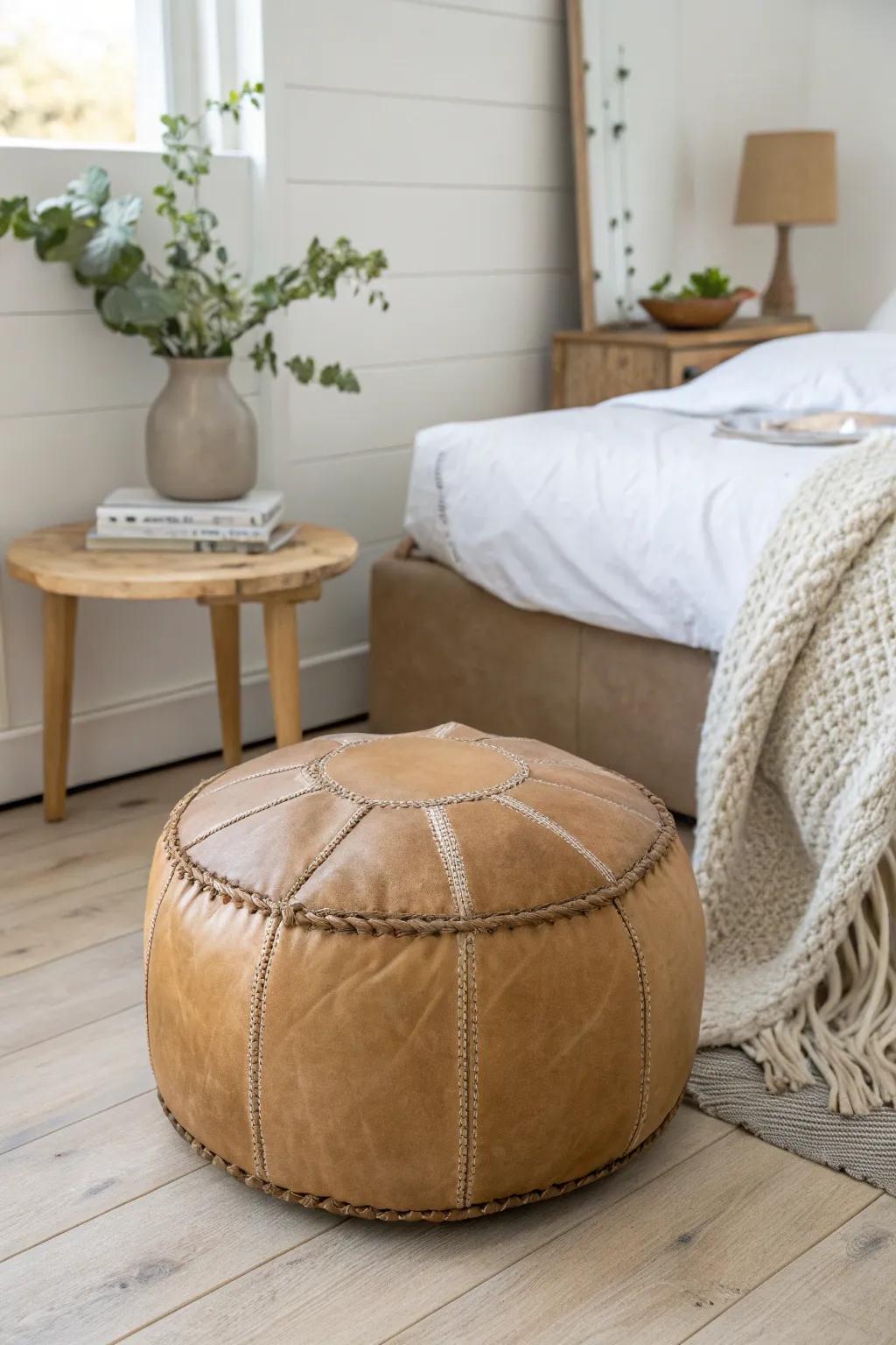 A cozy master bedroom reading nook: pouf + floor cushion comfort in a tiny corner.