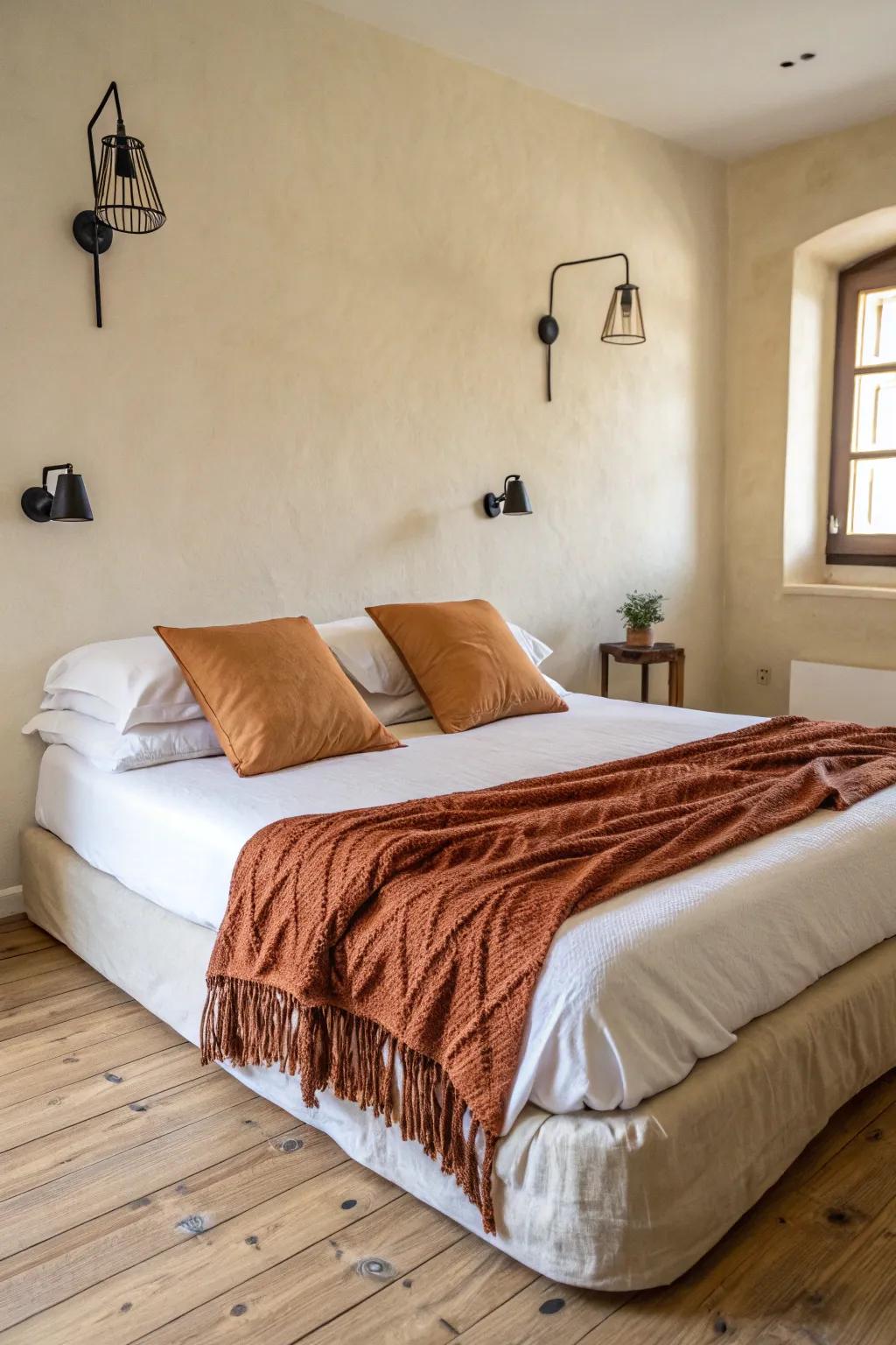 Outline a floor mattress with matching wall sconces for a deliberate, space-saving glow.