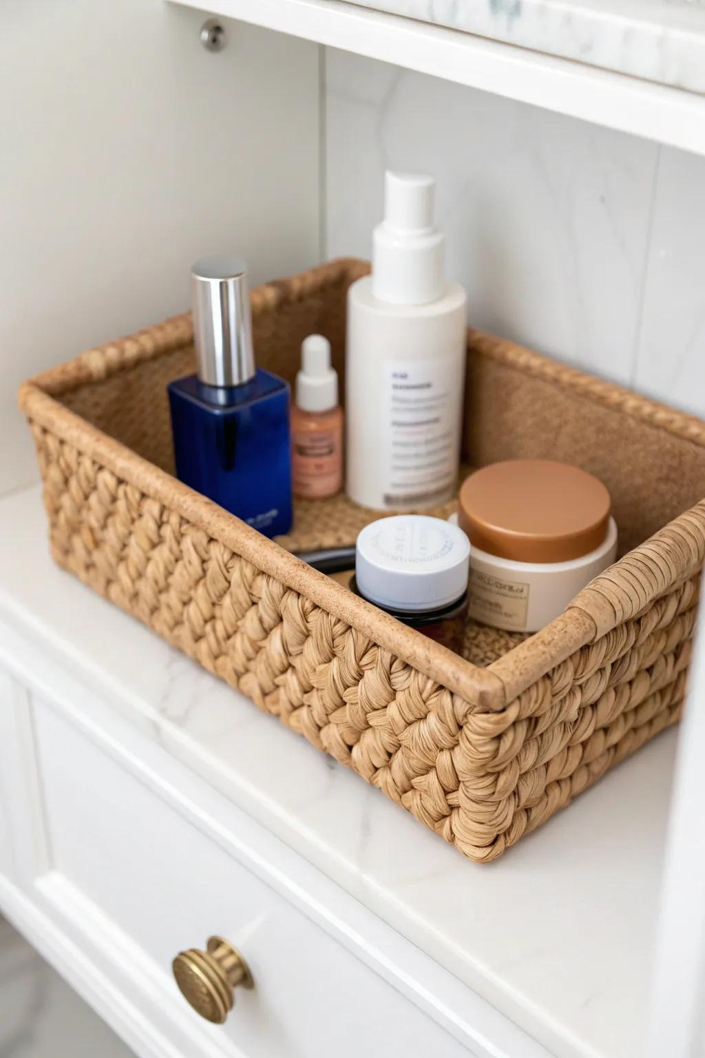 Create a daily grab basket—one pull-out bin keeps your medicine cabinet calm and quick.