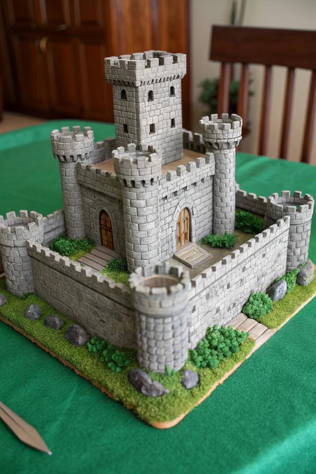 Bring your medieval dreams to life with this handcrafted castle model, perfectly nestled on a verdant felt base for a touch of realism.