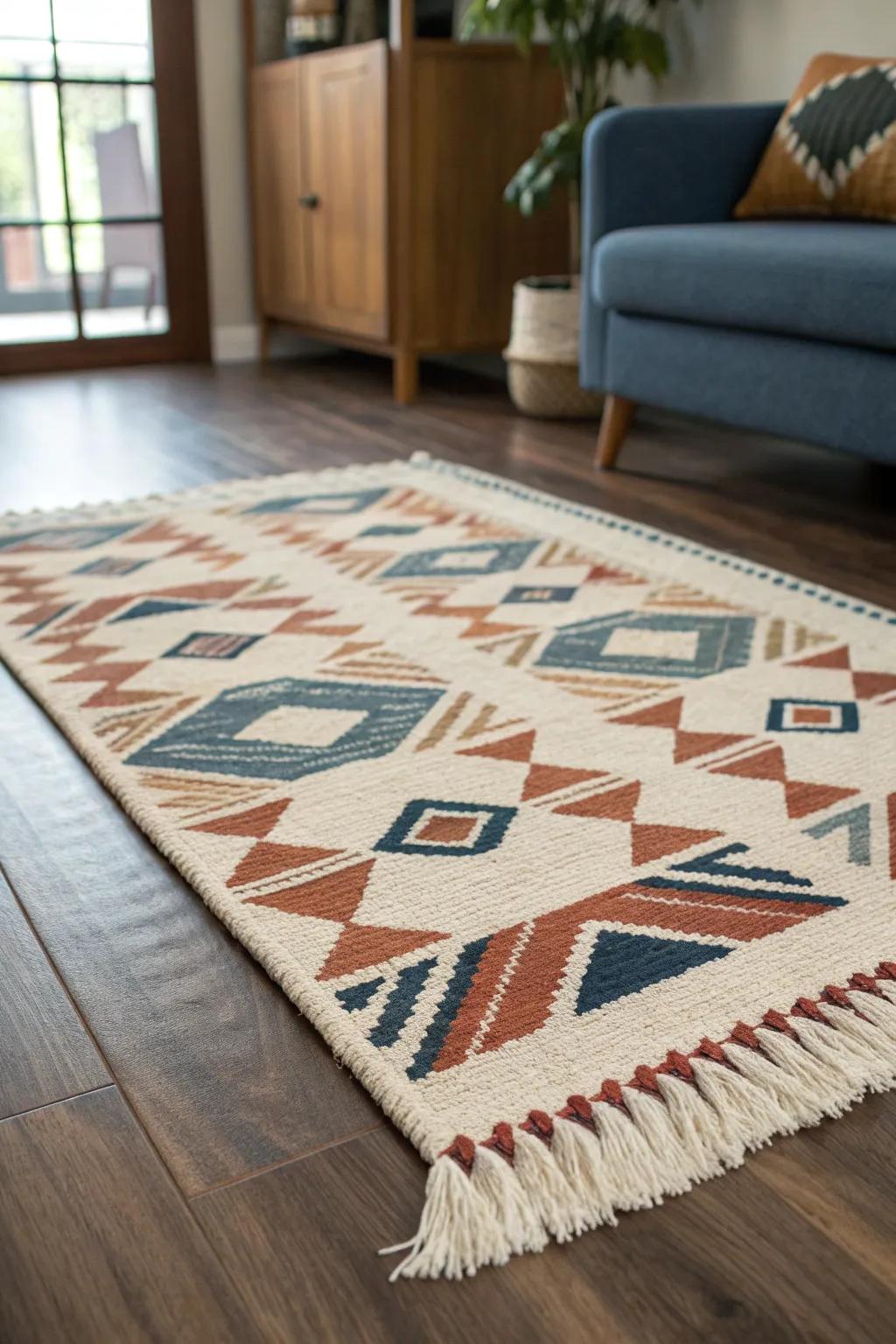 Anchor the room with a textured rug—subtle pattern, bold accents, and cozy finish.