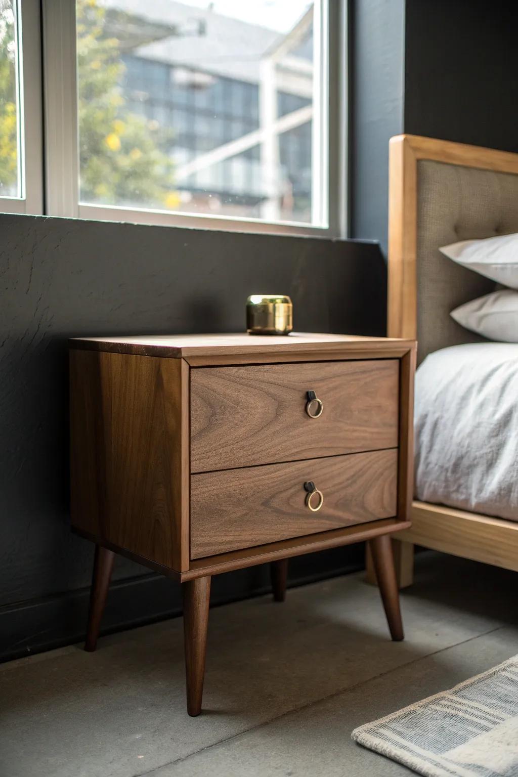 Warm walnut nightstand against charcoal walls—adds balance and depth to a small men’s room.