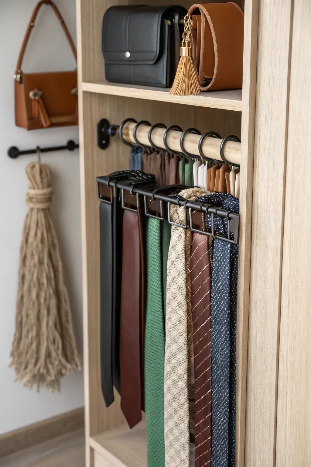 A pull-out tie & belt zone keeps accessories crisp, visible, and tangle-free in a small closet.