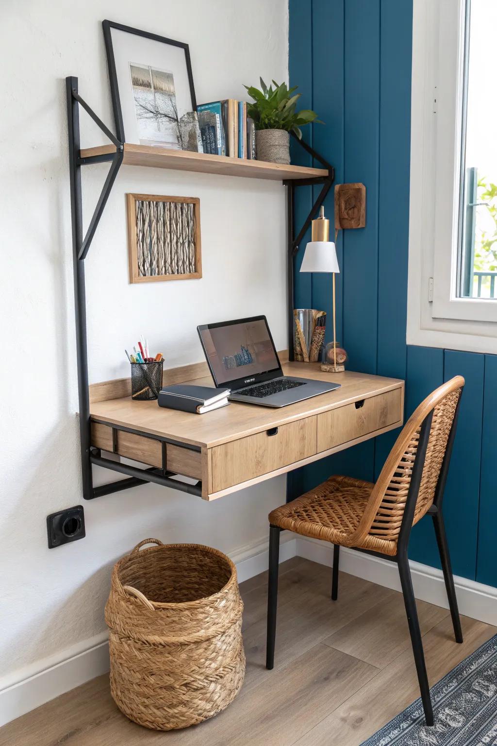 Sleek floating desk nook with hidden cables—warm oak, rattan detail, and bold cobalt contrast.
