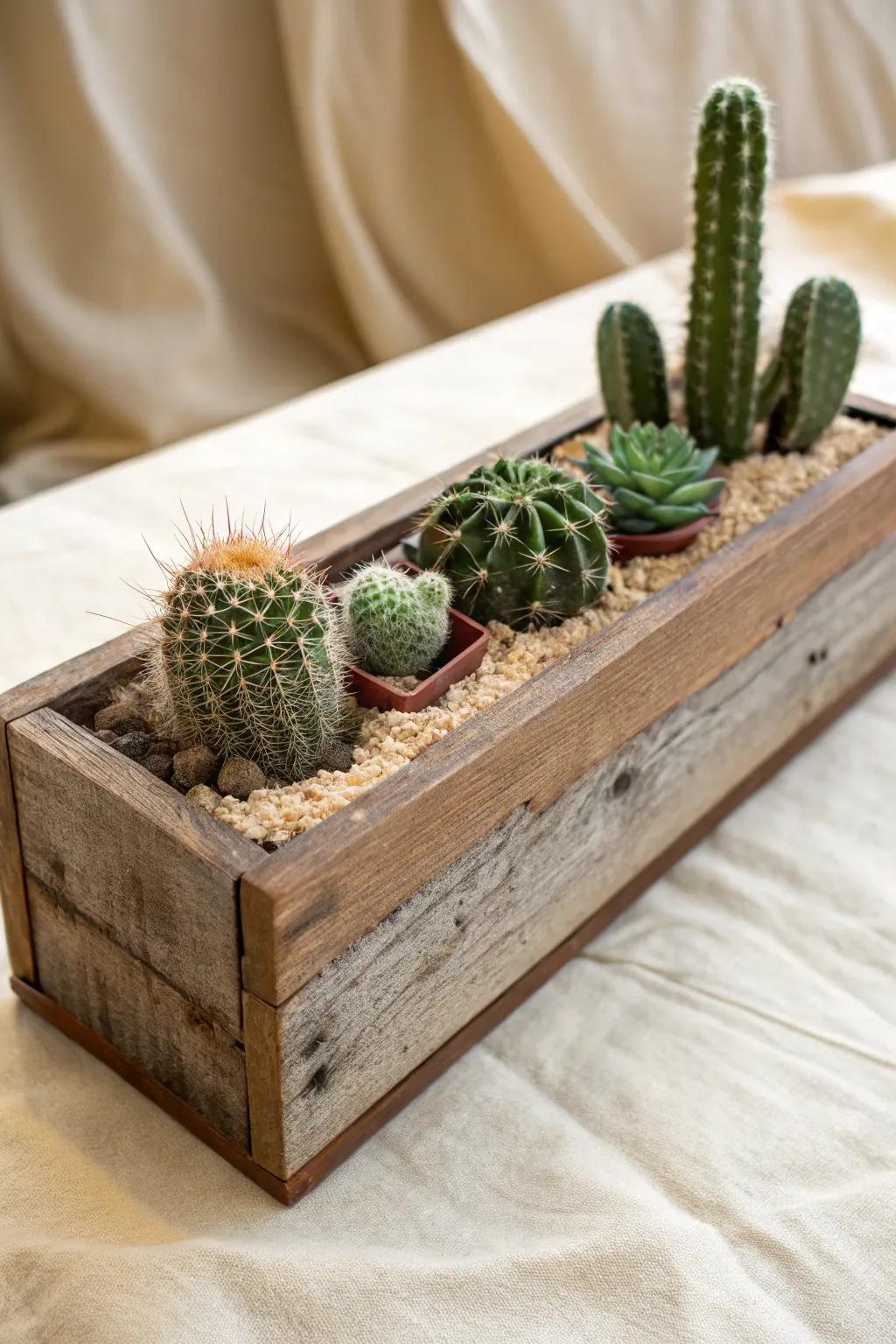 Rustic wooden box cactus skyline—minimal, boho-warm, and perfect for tiny spaces.