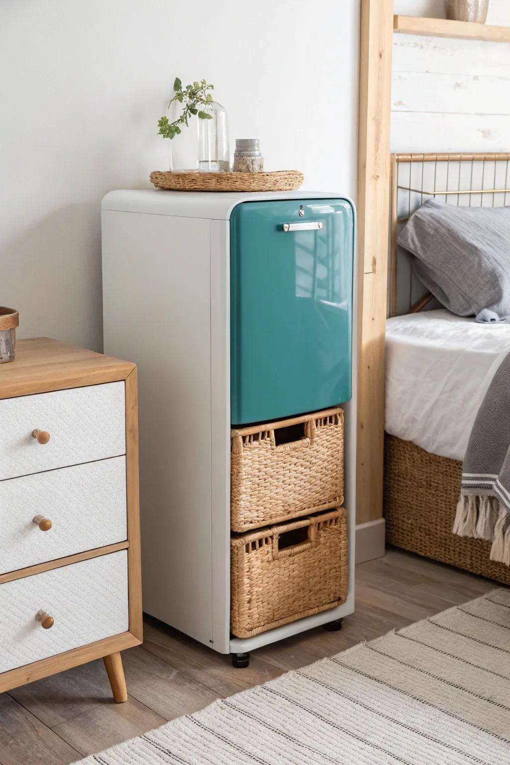Small-space win: a mini fridge + slim drawers keeps snacks, cords, and clutter beautifully contained.