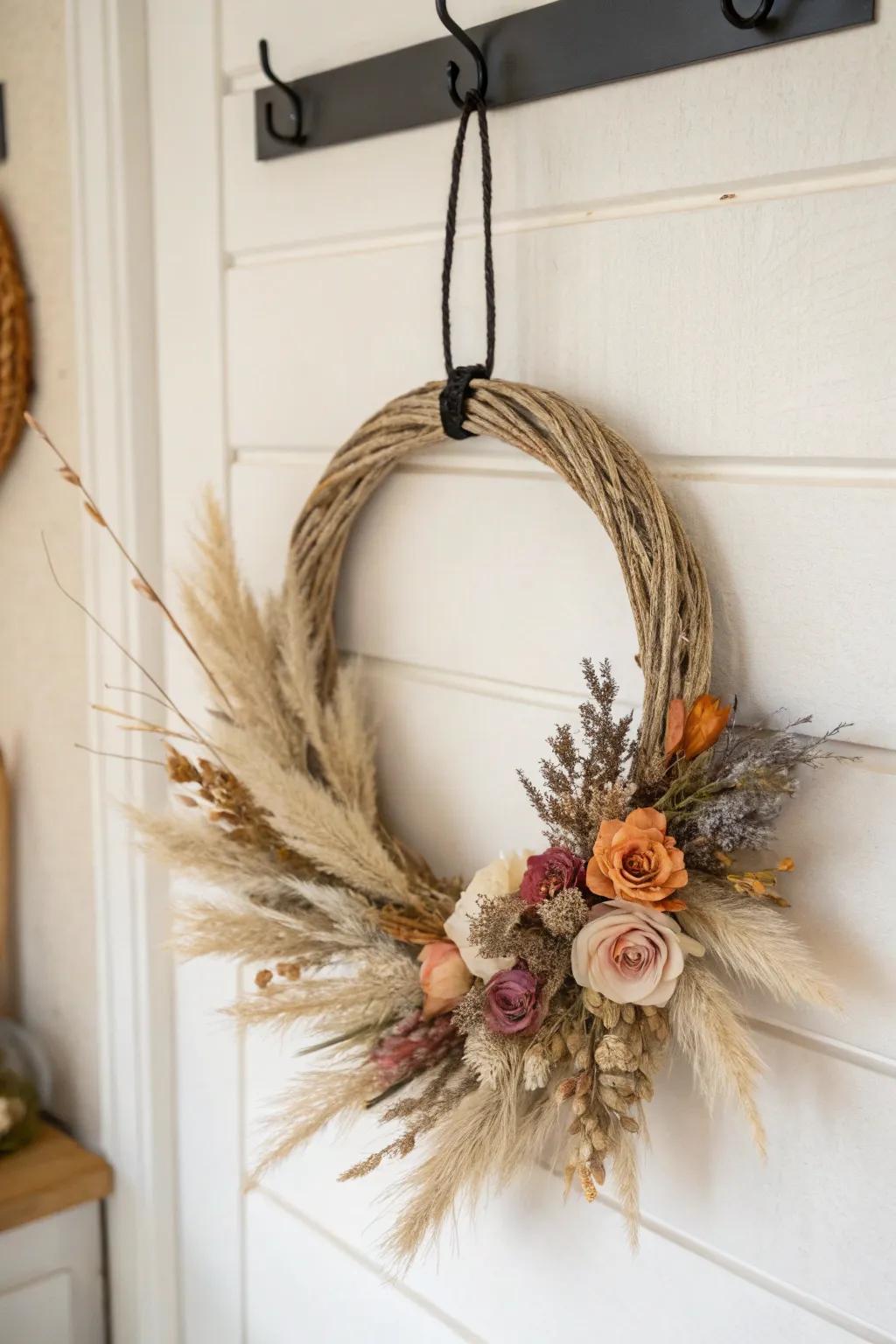 Soft dried-flower mini wreath with a bold rust pop—minimal, boho, and bathroom-ready.